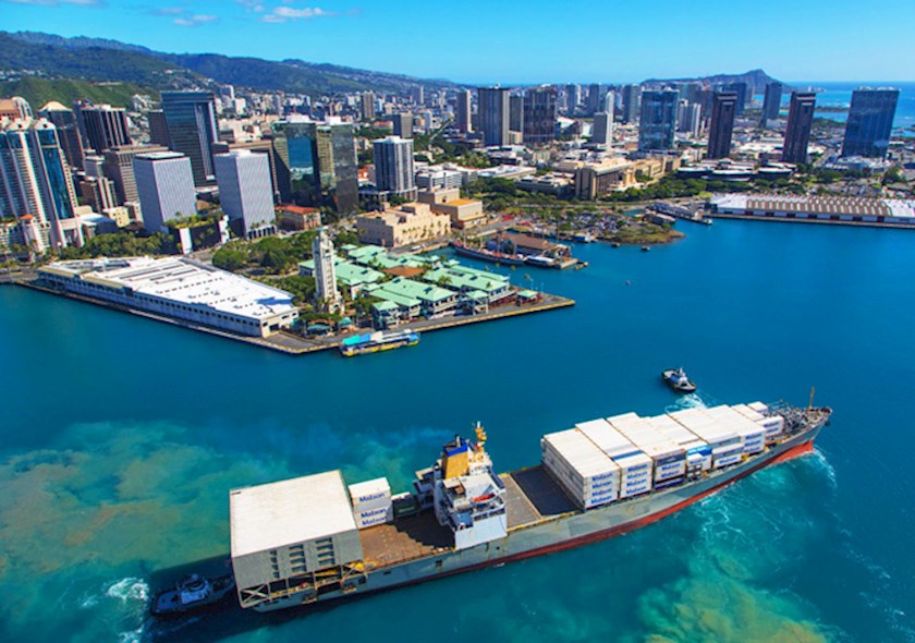 Container ship pulling into Honolulu Harbor