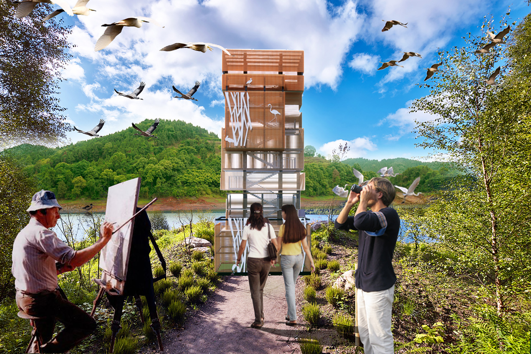 A colorful rendering shows a person with binoculars and a painter looking at birds in the foreground. A blue stream, lined with green trees and shrubbery, is in the background. 
