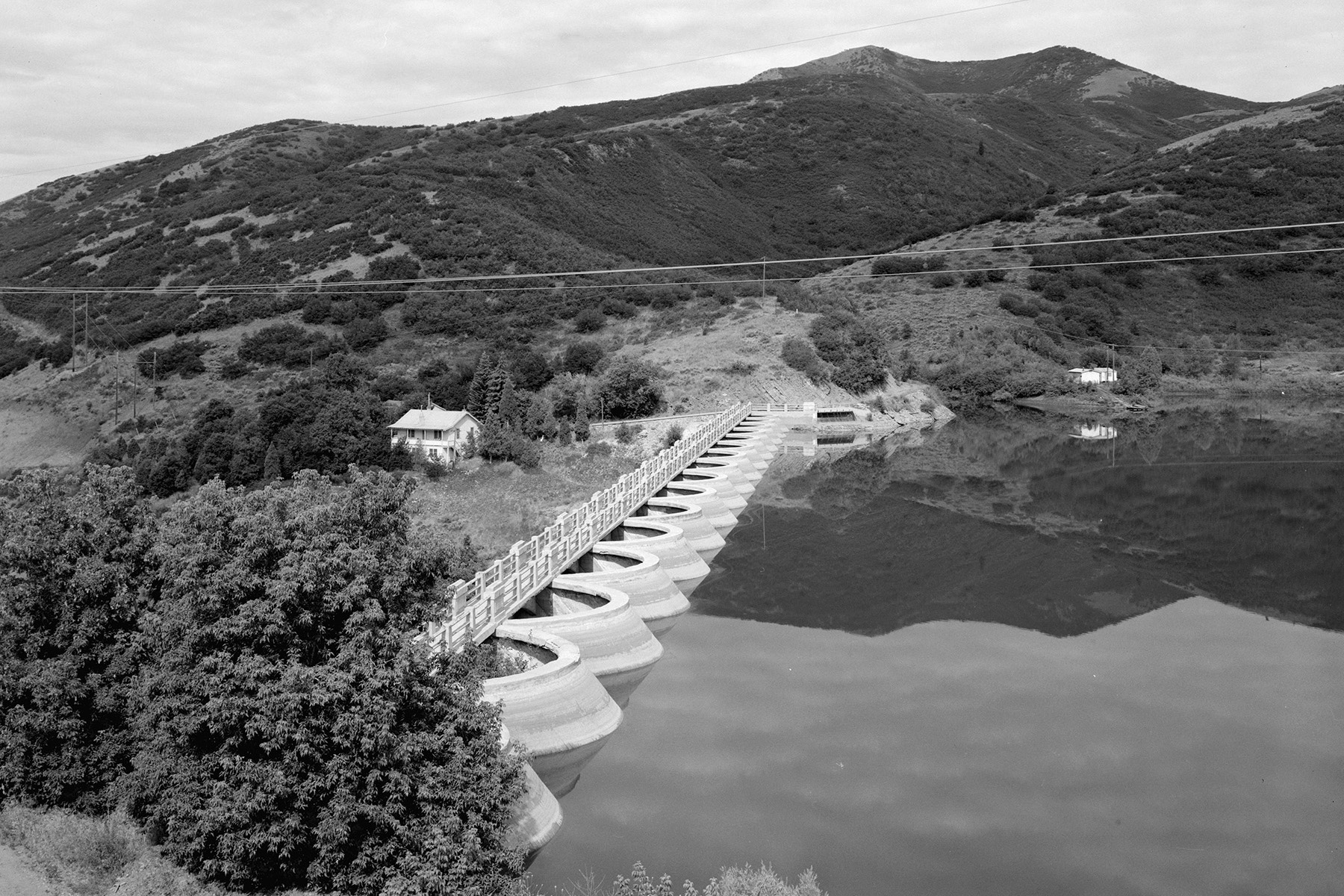 Photograph shows the rounded arch rings of a multiple-arch concrete dam set amid trees and hills. 