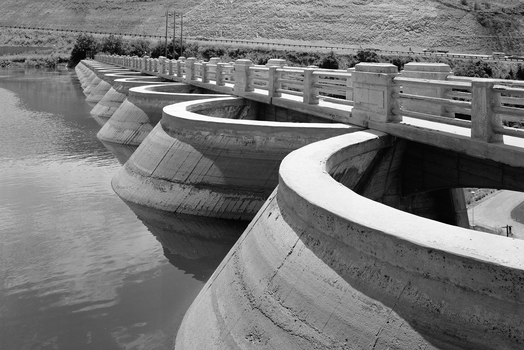 Photograph shows the rounded arch rings of a multiple-arch concrete dam. 