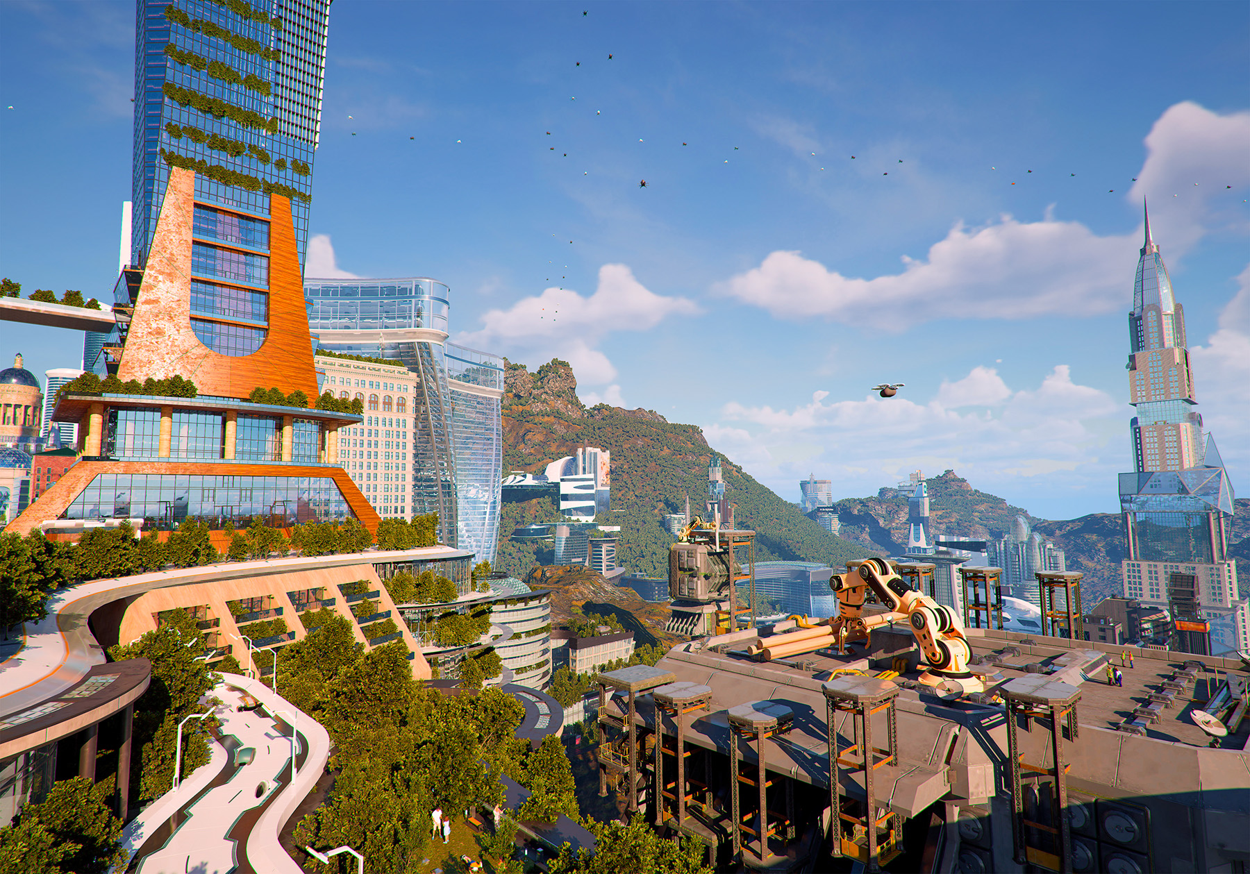 A drone flies through the skyline of a futuristic city while a 3D printer creates building materials.