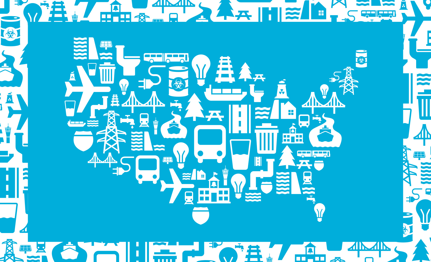 Map of the United States made up of icons such as a plane, bus, bridge, and pipes.
