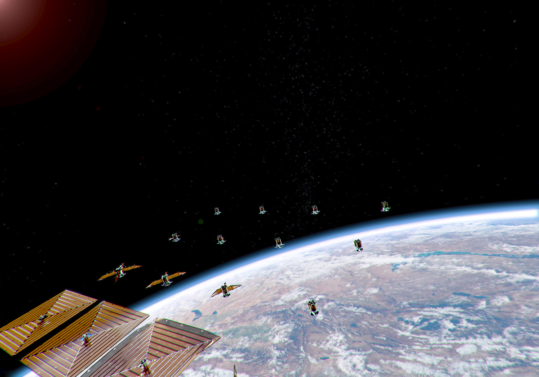 An array of solar power modules begins to form in Earth orbit.