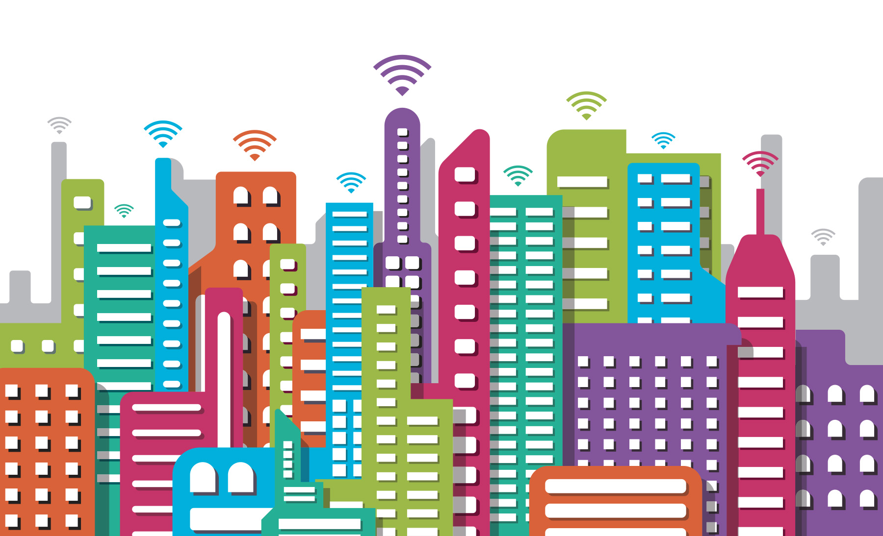 Cartoon skyline made up of different color buildings.