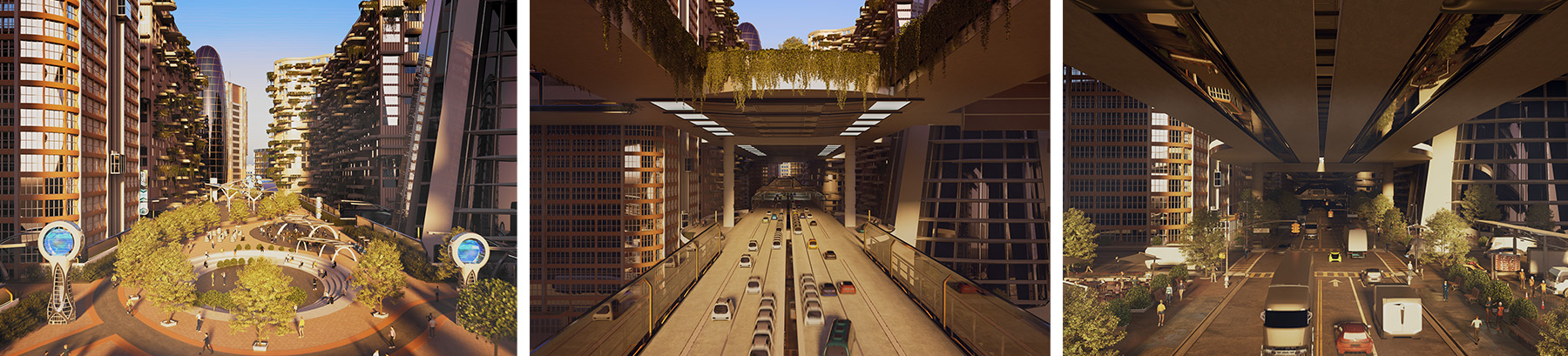 Three stacked images depict the various levels of a futuristic highway, with parks at the top, autonomous vehicles in the middle, and delivery trucks at the ground level.