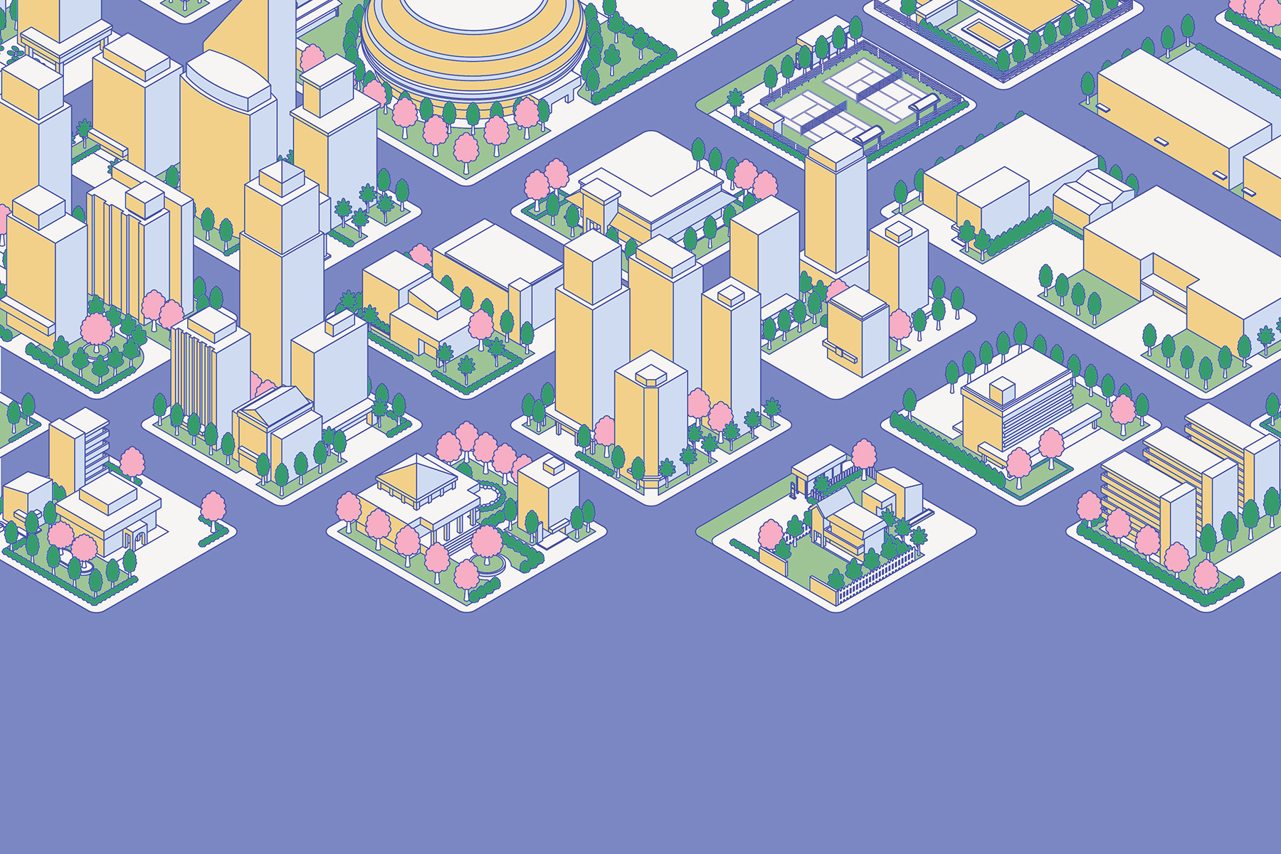 An illustrated urban skyline is depicted with short and tall buildings, parks, and other features. 