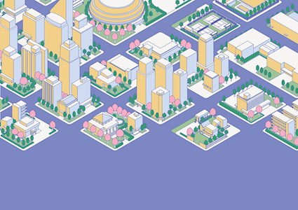 An illustrated urban skyline is depicted with short and tall buildings, parks, and other features. 