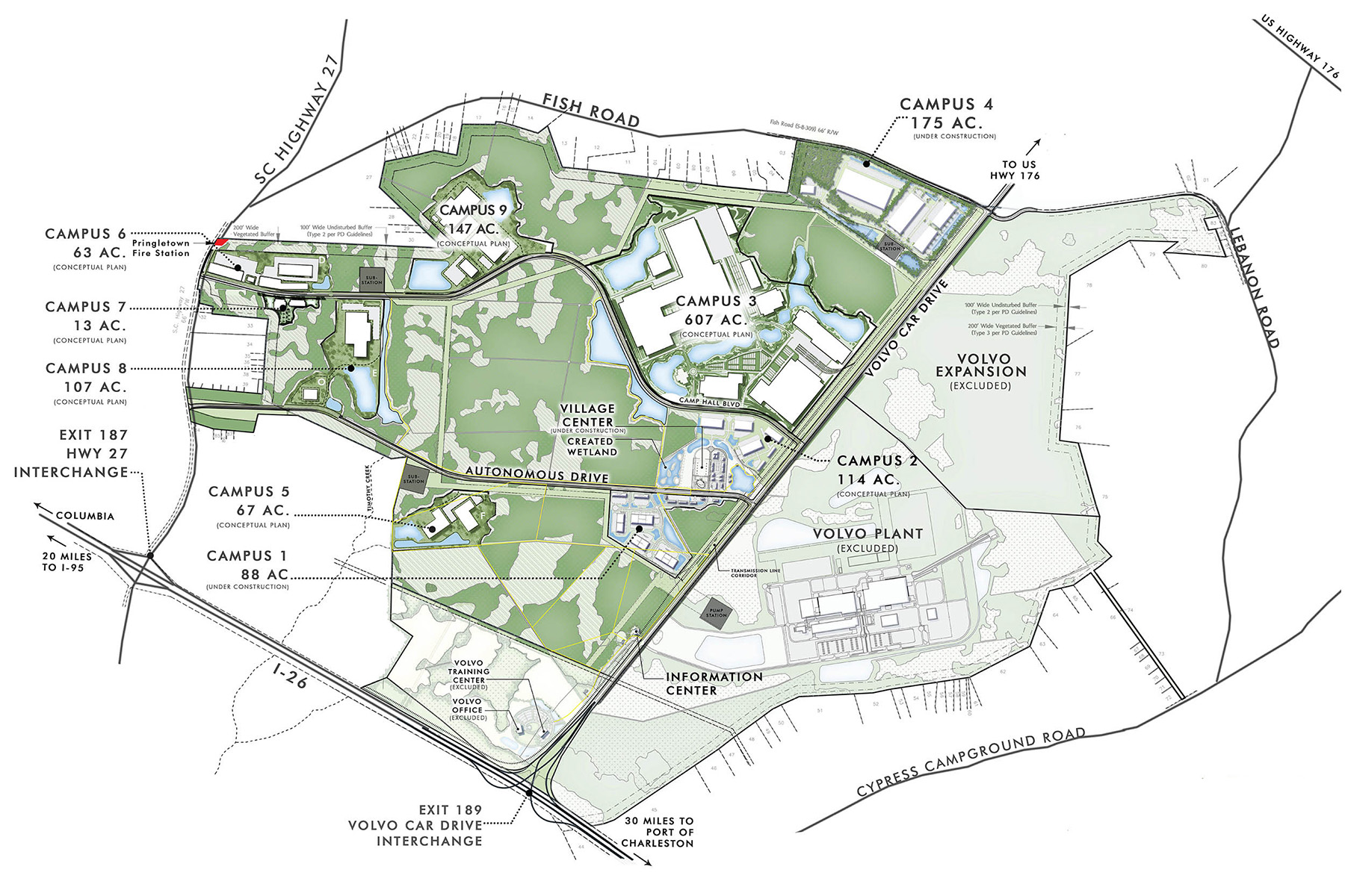 A map shows the master plan for the Camp Hall development. 