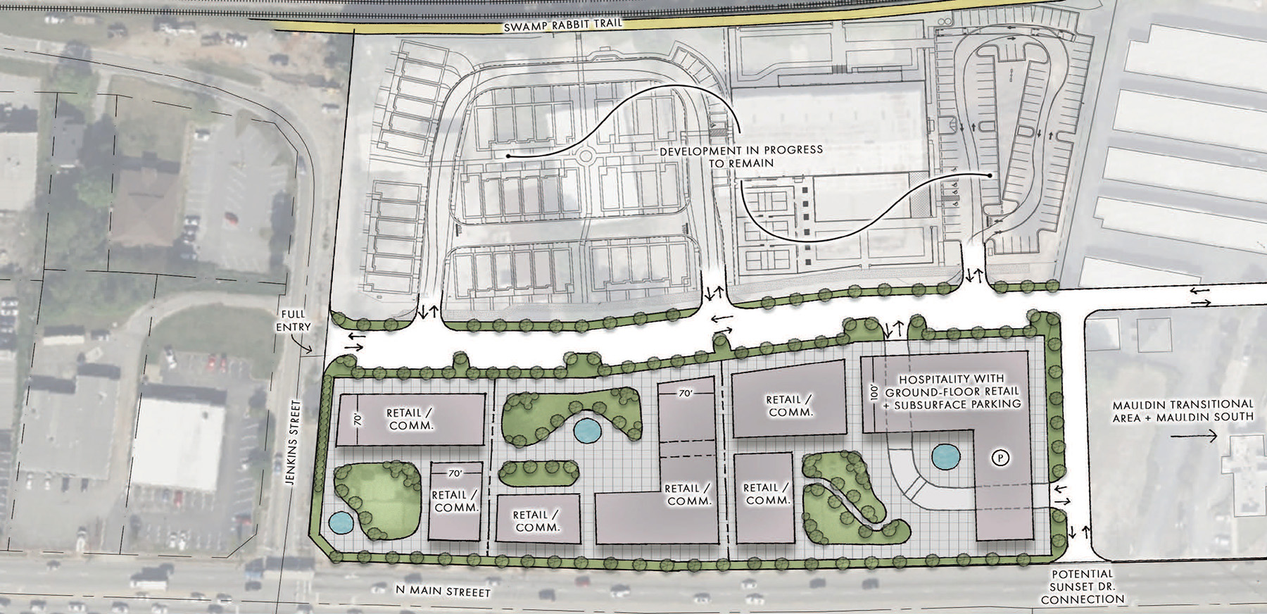 An overhead view outlines the Mauldin master plan for a walkable urban setting. 