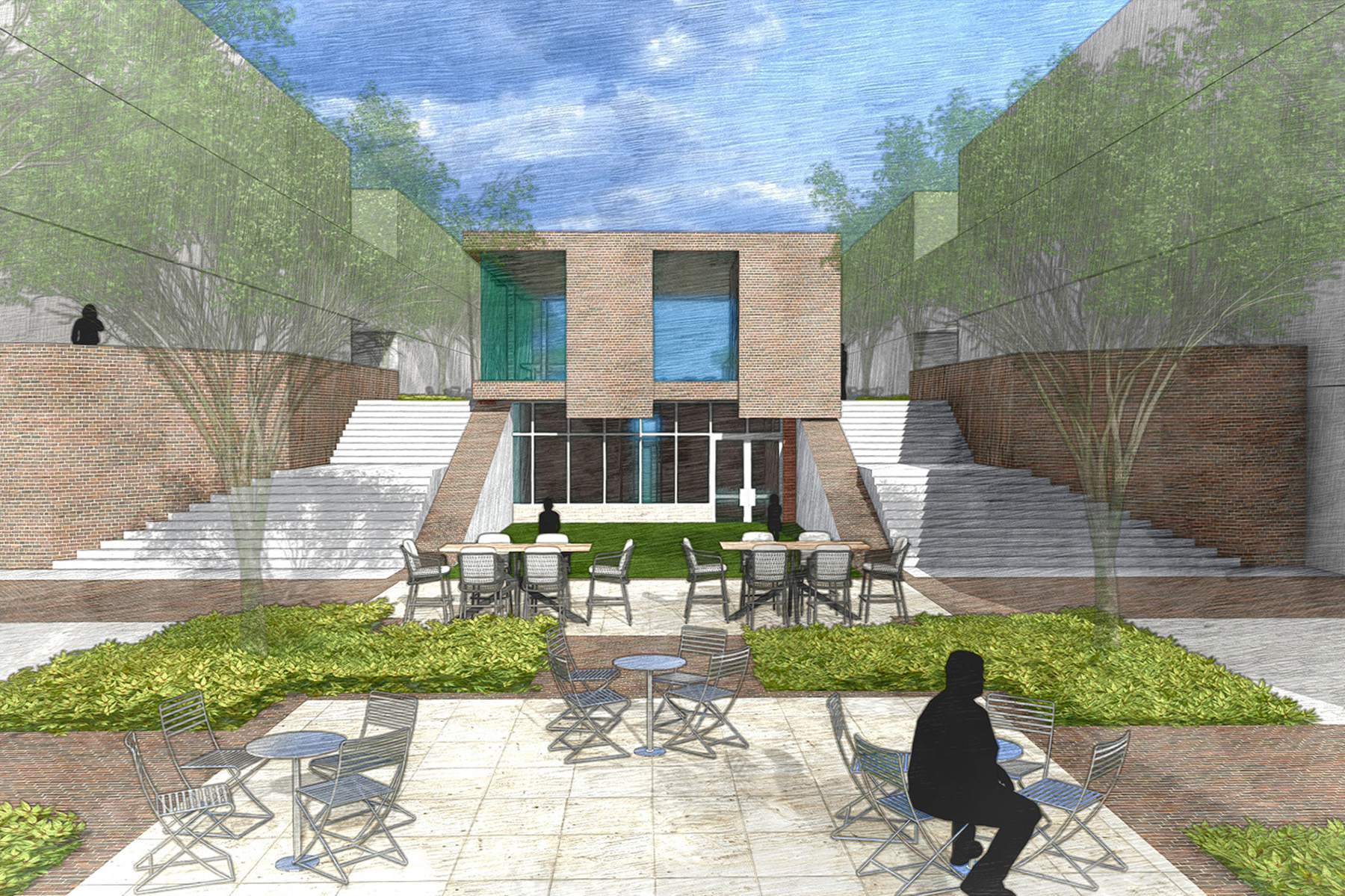 A rendering shows an open-air courtyard with tables and chairs flanked by stairways; silhouetted figures sit at the tables. 