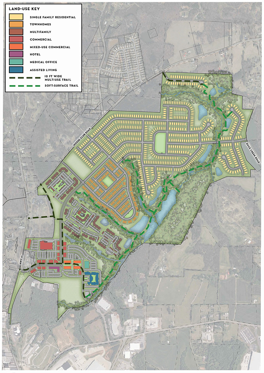 The graphic depicts an overhead view of greenways and trails, along with other land uses, for the Wakefield development. 