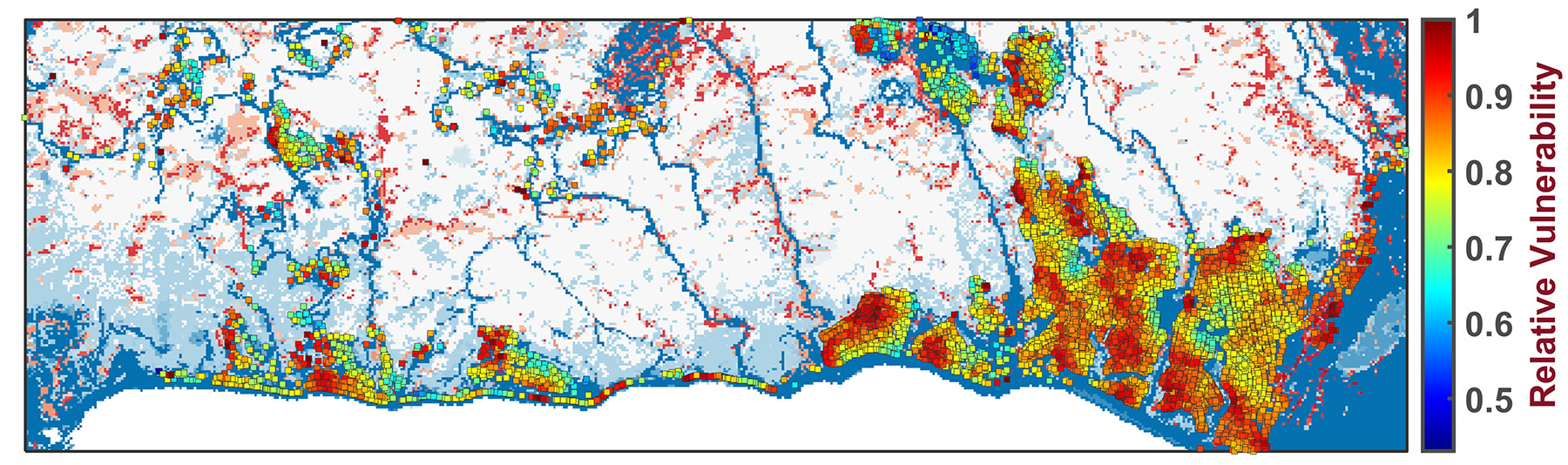 A map uses color coding to depict the relative threat to buildings from wildfires.