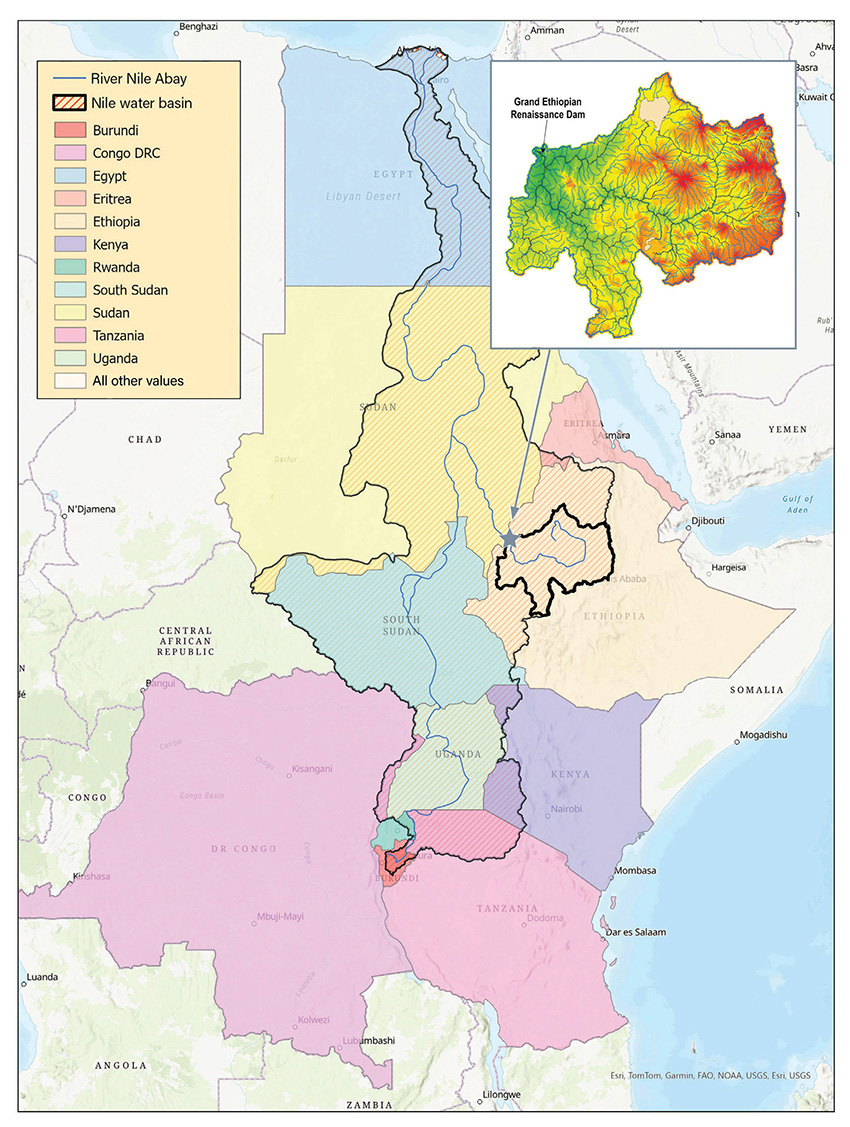 Two color-coded maps depict the Nile Basin countries and the location of the dam within the Abay watershed. 