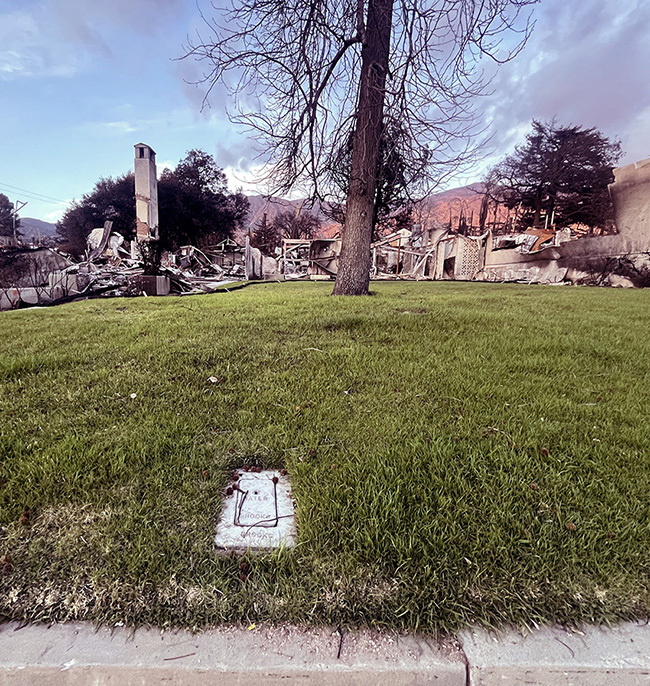An undamaged water meter box is seen against the backdrop of a burned church. 