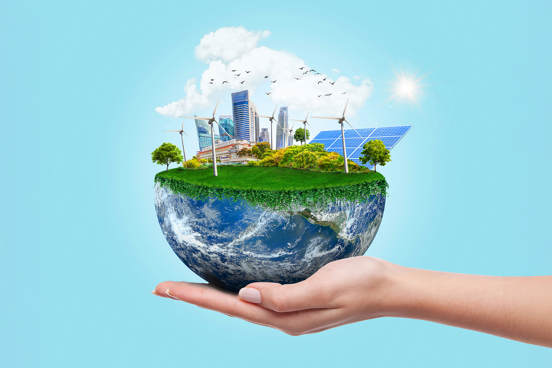 Image shows a woman’s hand holding half the earth. The top of the Earth is covered in green grass and plants. A cityscape with with windmills in the foreground and background can also be seen.