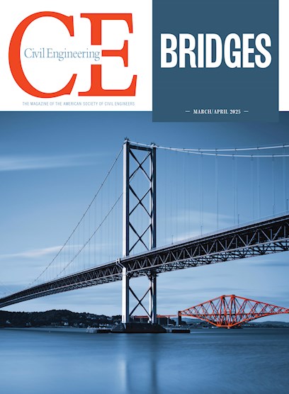 Two bridges are shown spanning a body of water. One bridge is grey and the other is orange.  