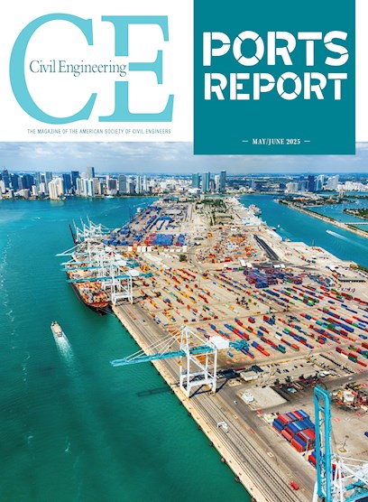 Photograph shows a port packed with an array of colored shipping containers. 