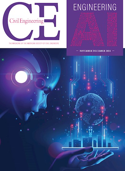 A robot head looks at a model of a city. There’s a pixelated globe on top of the city.