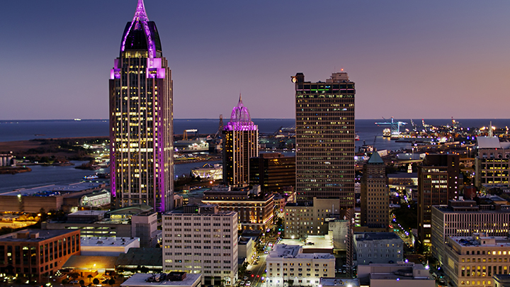 Mobile, Alabama skyline at dusk