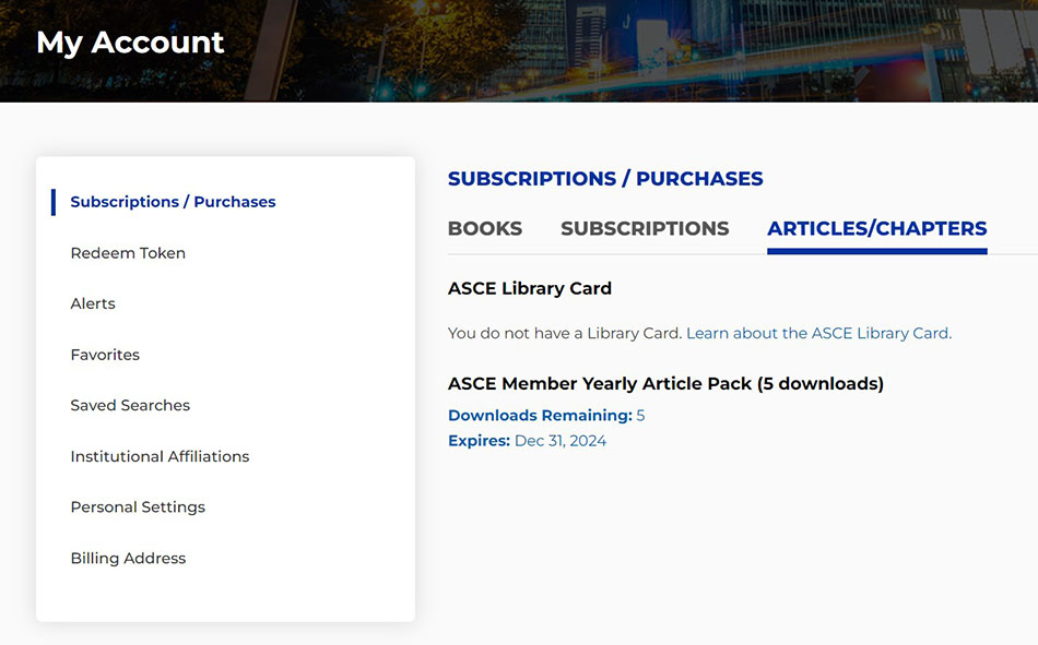 ASCE Member Yearly Article pack - My Account, remaining downloads