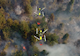 aerial view of drones flying above an area full of trees and billowing smoke