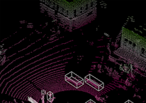 aerial image with shapes indicating locations of cars and pedestrians