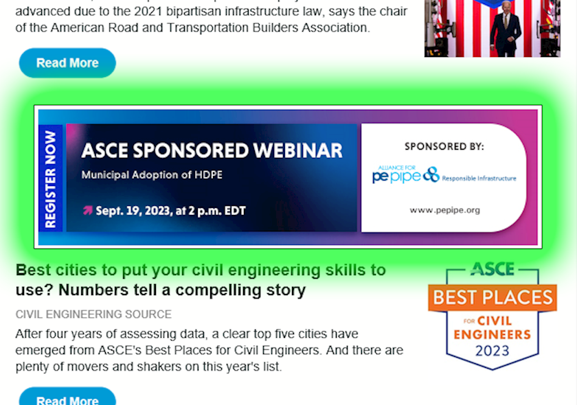 Sample of CE Source e-newsletter ad placement
